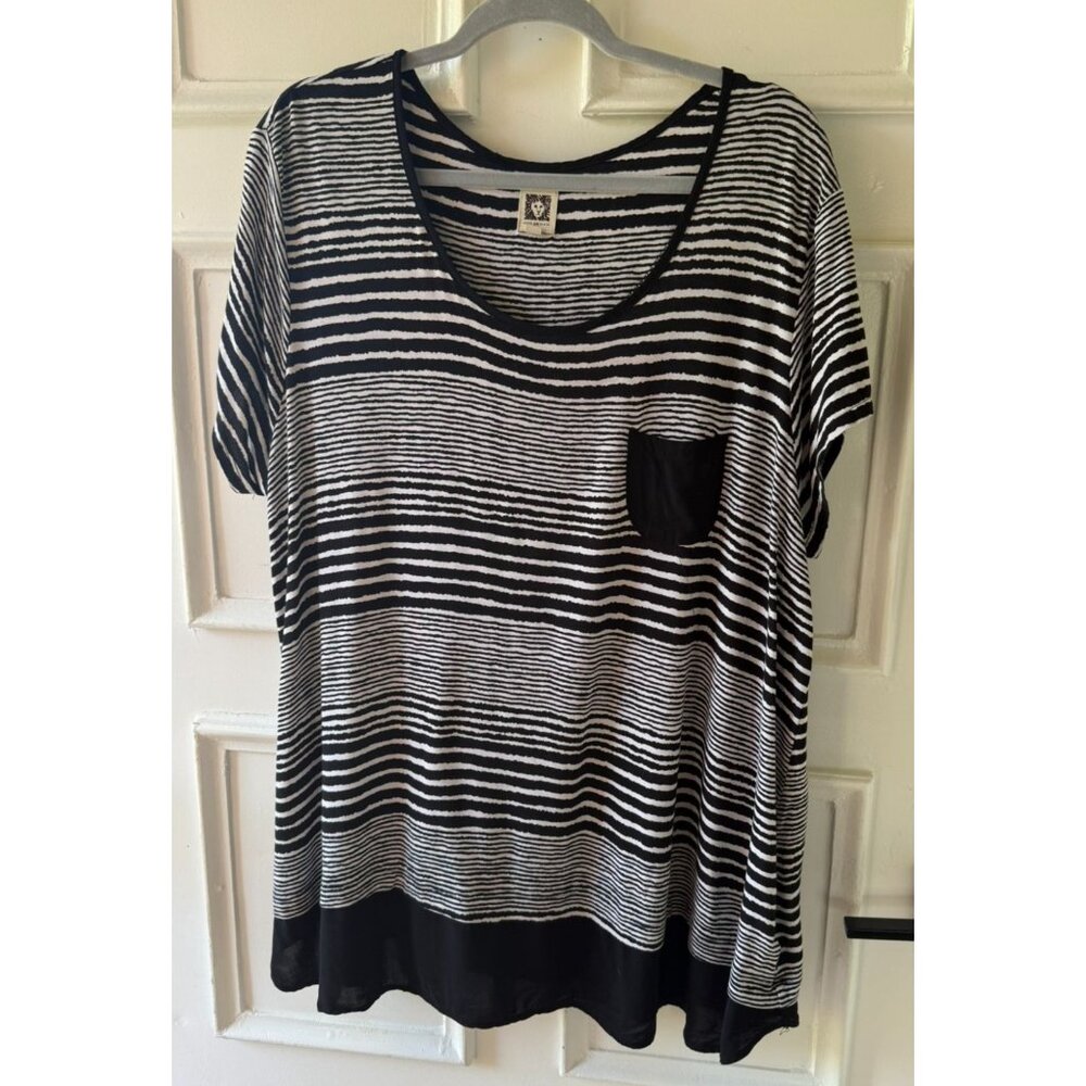 Anne Klein Striped Top Womens 2X Black White Short Sleeve Scoop Neck Blouse